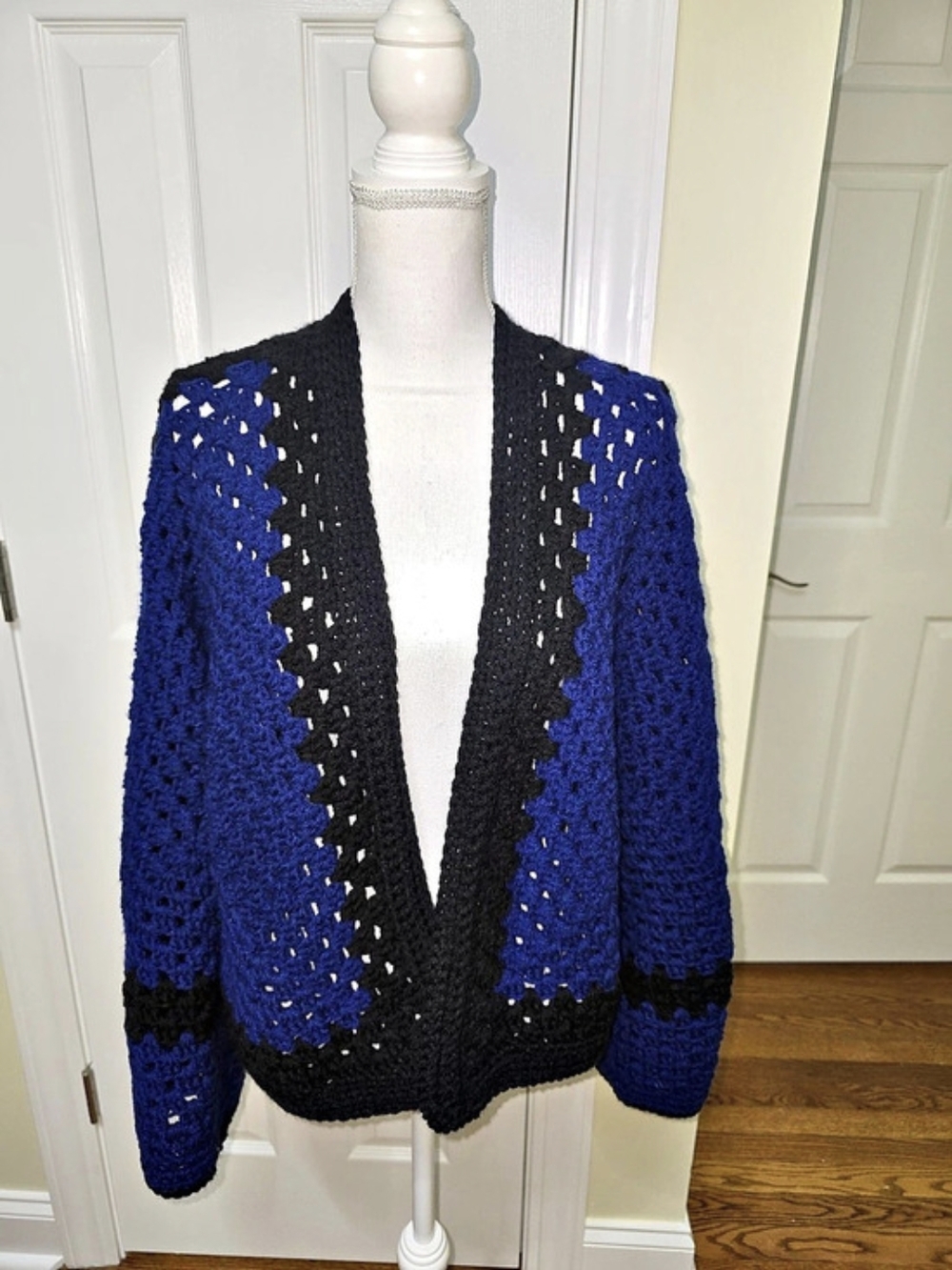 Hand Crafted Color Block Crochet Cardigan in Blue & Black New